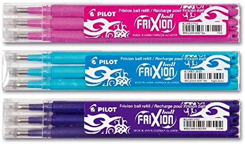 Pilot FriXion Ball Tintenroller - 3 Ersatzminensets zu je 3 Stk. in den Farben pink hellblau violett von Pilot Pen