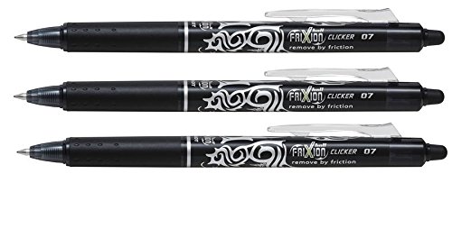 Pilot Frixion Clicker 0,7 mm Spitze löschbarer Tinte Gel Pen Tattoo Design Schwarz Tinte (3 Stück) lose geliefert von Pilot