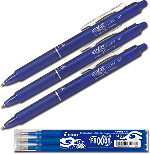 Pilot Tintenroller Frixion Ball Clicker, radierbar 0,7mm (3 Stifte + Minen, Blau) von Pilot Pen