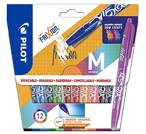 PILOT - 12 Stück Frixion Ball – radierbarer Stift mit thermoensibler Tinte – nachfüllbarer Tintenroller aus recyceltem Kunststoff – 12 Farben – mittlere Spitze von PILOT