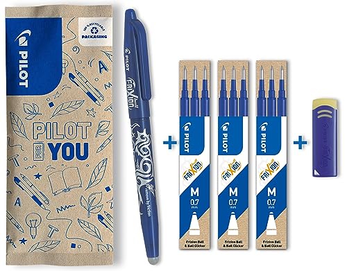 PILOT FriXion Ball 0.7 Set – 1 Stift, 9 Minen, 1 Radierer – Blau – Radierbare Tintenroller 0,4mm Strichstärke, angenehme Schreibführung beim Schreiben, thermosensitive Tinte, mit austauschbarer Mine von PILOT