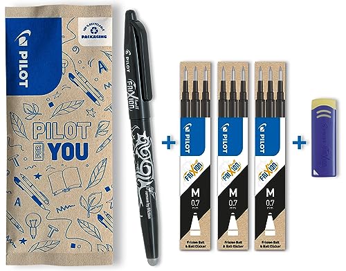 PILOT FriXion Ball 0.7 Set – 1 Stift/9 Minen/1 Radierer – Farbe Schwarz – Radierbare Tintenroller 0,4mm Strichstärke, angenehme Schreibführung beim Schreiben, thermosensitive Tinte, Mine austauschbar von Pilot