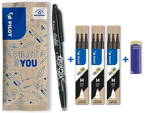 PILOT FriXion Ball 0.7 Set – 1 Stift/9 Minen/1 Radierer – Farbe Schwarz – Radierbare Tintenroller 0,4mm Strichstärke, angenehme Schreibführung beim Schreiben, thermosensitive Tinte, Mine austauschbar von PILOT