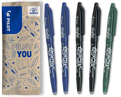 PILOT FriXion Ball 0.7 Set – 5 Stück – 2x Blau/Schwarz, 1x Grün – Radierbare Tintenroller 0,4mm Strichstärke, angenehme Schreibführung zum Schreibenlernen, thermosensitive Tinte, austauschbare Mine von PILOT