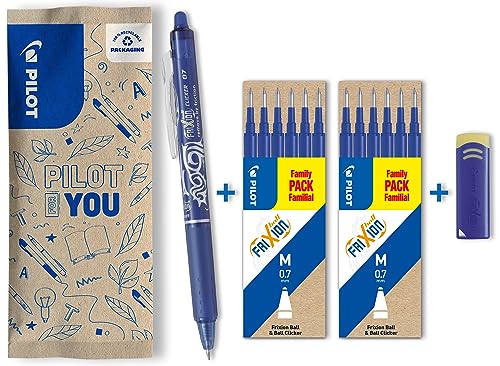 PILOT FriXion Clicker 0.7 – 1 Stift/12 Minen/1 Radierer – Farbe Blau – Radierbarer, nachfüllbarer Gel-Tintenroller mit Druckmechanik und thermosensitiver Tinte, mittlere Spitze von PILOT