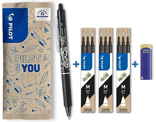 PILOT FriXion Clicker 0.7 – 1 Stift/9 Minen/1 Radierer – Farbe Schwarz – Radierbarer, nachfüllbarer Gel-Tintenroller mit Druckmechanik und thermosensitiver Tinte, mittlere Spitze von PILOT