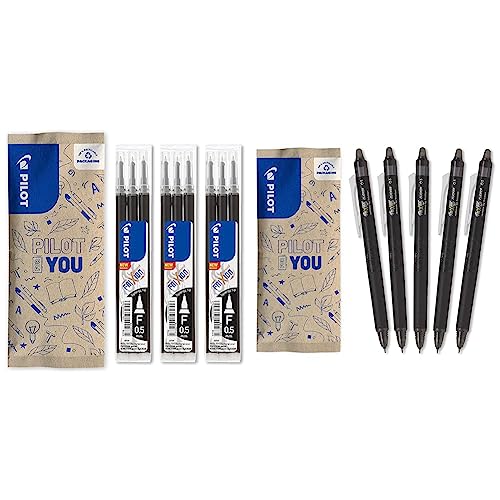 PILOT FriXion Ersatzminen 0.5 – 9 Stück – Farbe Schwarz & 5er-Set Frixion Point Clicker – Tintenroller 0.5 mm mit löschbarer, thermosensitiver Tinte von Pilot