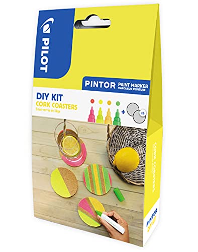 PILOT PINTOR DIY Korkuntersetzer zur Tischdekoration – Bastel-Set mit 4x Kreativmarker und 6 individuell gestaltbaren Untersetzern, sommerliche Neonfarben von Pilot