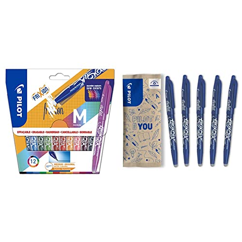 Pilot - 12 Stück Frixion Ball 12 Farben – mittlere Spitze & Frixion Ball – Radierbarer Tintenroller mit thermosensitiver Tinte – 5er Set Blau – Mittlere Spitze – Zauberstift von Pilot