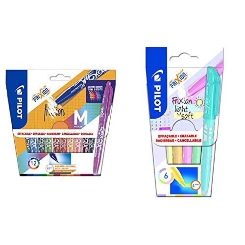 Pilot - 12 Stück Frixion Ball – radierbarer Stift mit thermoensibler Tinte 12 Farben – mittlere Spitze & Frixion Light Soft - radierbarer Textmarker -6er Set Pink/Gelb/Violett/Blau/Orange/Grün von Pilot