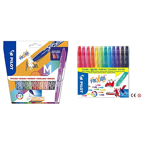 Pilot - 12 Stück Frixion Ball – radierbarer Stift mit thermoensibler Tinte 12 Farben – mittlere Spitze & Pen 4144S12 - Fasermaler FriXion Colors, löschbar, 12er Set von Pilot