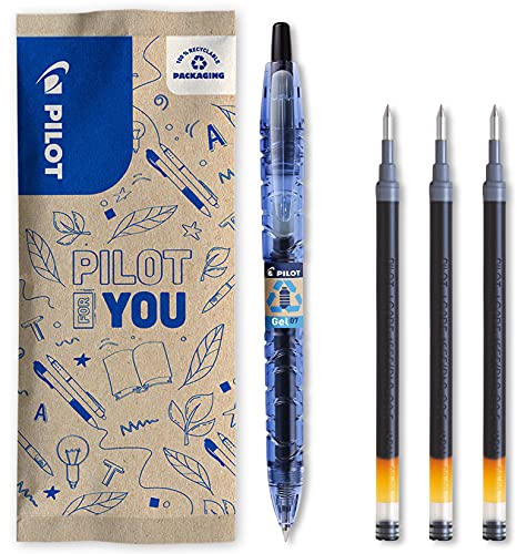 Pilot B2P Gel – Nachfüllbarer Gelschreiber mit Druckmechanik, aus recyceltem Kunststoff (exkl. Verbrauchsmaterial) – Begreen – Schwarz (1 Stift, 3 Ersatzminen) – Mittlere Spitze, 4-teiliges Set von Pilot