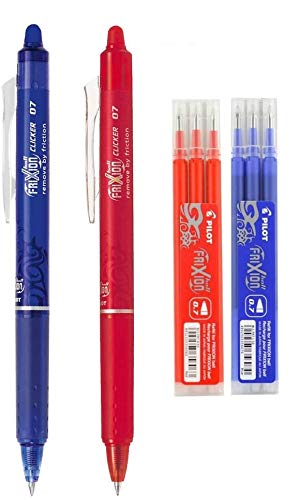 Pilot FriXion Ball Clicker - Tintenroller mit Knopf mit radierbarer Geltinte, Blau (Set mit blauem Stift, roter Stift, 3 blaue Minen, 3 Nachfüllminen Rot) von Pilot