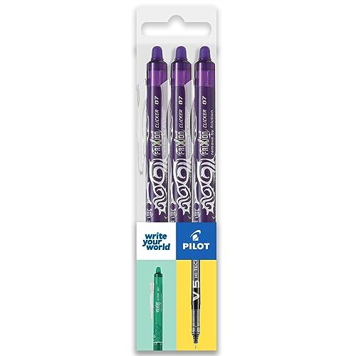 Pilot FriXion Clicker Tintenroller, fein radierbar, einziehbare Spitze, 0,7 mm Spitze, 0,35 mm Strichbreite, 3 Stück, violette Tinte von Pilot