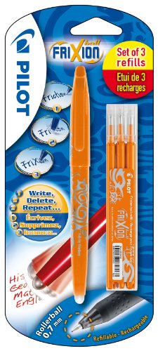 Pilot Frixion Ball 1 Tintenroller + 3 Ersatzminen, wärmeempfindliche Geltinte, mittlere Strichstärke orange von Pilot
