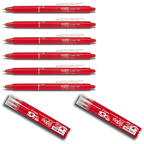 Pilot Frixion Clicker Feiner Tintenroller | versenkbare Spitze | Strichstärke 0,7 mm (medium)(Rot, 6er Pack | Incl. 6 Minen) von Pilot