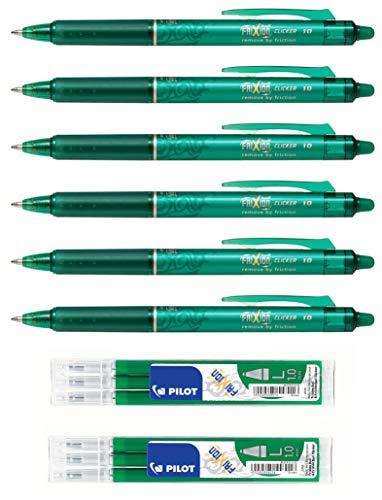 Pilot Frixion Clicker Tintenroller, versenkbare Spitze, 0,5mm Grün, 6er Pack + 6 Ersatzminen von Pilot