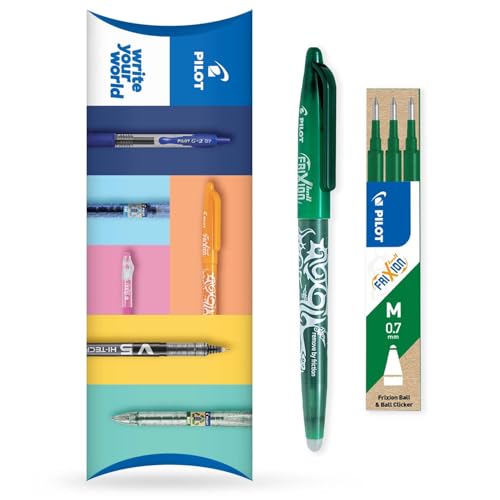 Pilot Frixion Heat/Friction radierbarer Tintenroller FR7, mittlere Strichstärke, 0,7 mm Spitze, Kissen-Packung mit 1 Stift + 3 Ersatzminen (grün) von Pilot