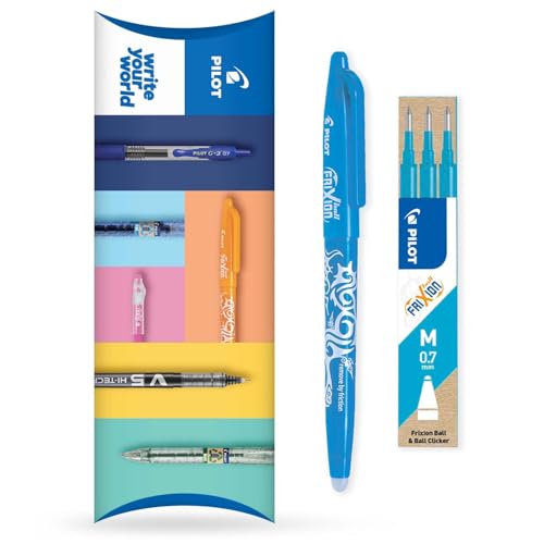 Pilot Frixion Heat/Friction radierbarer Tintenroller FR7 – mittlere Strichbreite 0,7 mm Spitze – Etui, Packung mit 1 Stift + 3 Ersatzminen (hellblau) von Pilot