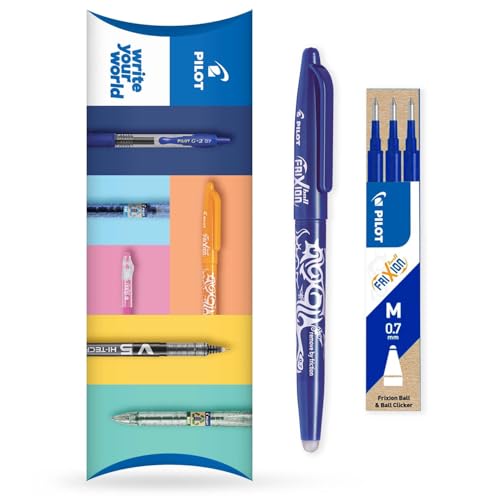 Pilot Frixion Heat/Friction radierbarer Tintenroller FR7 – mittlere Strichstärke 0,7 mm Spitze – Pillow Pack mit 1 Stift + 3 Ersatzminen (blau) von Pilot