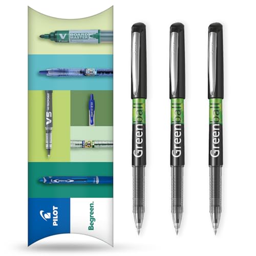 Pilot GreenBall Tintenroller mit flüssiger Tinte, Begreen Range 89 % recycelt, Packung mit 3 Stiften, mittlere 0,7 mm Spitze, ideal für Schreiben, Schule, Zuhause, Revision, Büro (Schwarz) von Pilot