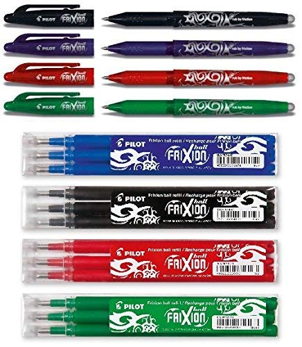 Pilot Pen Frixion Tintenroller (radierbar) 4 Stück farbig sortiert + Ersatzminen, Black, Blue, Red & Green, fresh colors von Pilot