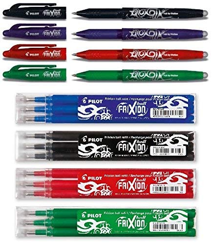 Pilot Pen Frixion Tintenroller (radierbar) 4 Stück farbig sortiert + Ersatzminen, Black, Blue, Red & Green, fresh colors von Pilot