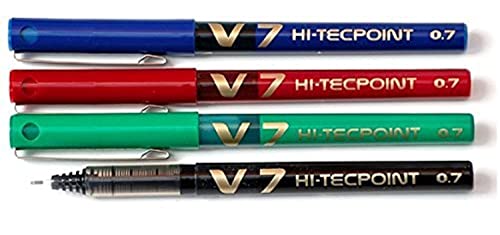 Pilot Tintenroller V7 Hi-Techpoint, gemischt, 4 Stück [1 x Schwarz, 1 x Blau, 1 x Rot, 1 x Grün] von Pilot