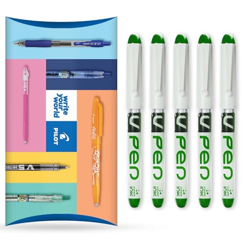 Pilot V Pen – radierbarer Einweg-Füllfederhalter, 0,6 mm Spitze, mittlere Linie, Kissen-Packung mit 5 Stück, grüne Tinte Pilot V Pen – radierbarer Einweg-Füllfederhalter, 0,6 mm Spitze, mittlere Linie, Kissen-Packung mit 5 Stück, grüne Tinte von Pilot