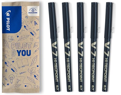 PILOT - 5er-Set Hi-Tecpoint V7 - Tintenroller Flüssigtinte und feiner Spitze für ein flüssiges, präzises Schriftbild - Schnell trocknend, nicht tropfend - Schwarz - Mittlere Spitze 0,7mm von PILOT