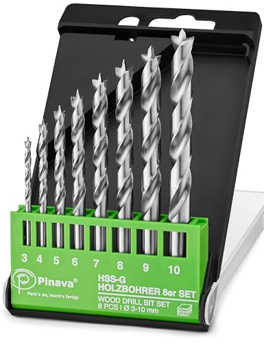 Pinava® Holzbohrer Set 3-10 mm [anhaltend Scharf & Präzise] HSS-G Bohrerset - 8tlg. Bohrer Set Holz - Bohrersatz für saubere Bohrlöcher von Pinava