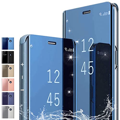 PingGoo Hülle für Sony Xperia 1/ XZ4, Flip Plating Case Spiegel Etui mit Standfunktion,PC/PU Durchsichtige Stoßfeste Schutzhülle mit klarer Sicht Cover für Sony Xperia 1/ XZ4, Blau von PingGoo