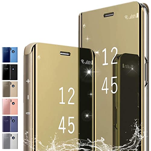 PingGoo Hülle für iPhone 14, Flip Plating Case Spiegel Etui mit Standfunktion,PC/PU Durchsichtige Stoßfeste Schutzhülle mit klarer Sicht Cover für iPhone 14, Gold von PingGoo