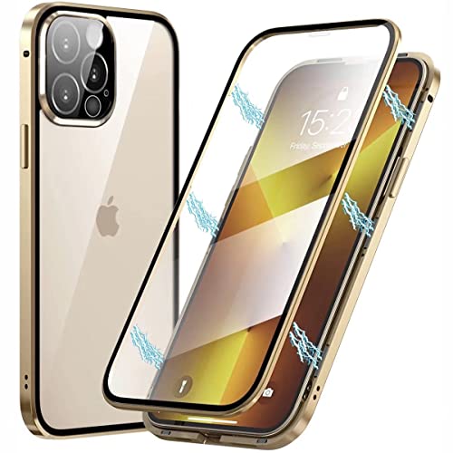 PingGoo Magnetische Hülle für iPhone 11, 360° Vollschutz Clear Cover Metall Bumper mit Vorder und Rückseite Klar 9H Gehärtetem Glas Flip Schutzhülle für iPhone 11, Gold von PingGoo