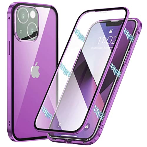 PingGoo Magnetische Hülle für iPhone 13 Pro, 360° Vollschutz Clear Cover Metall Bumper mit Vorder und Rückseite Klar 9H Gehärtetem Glas Flip Schutzhülle für iPhone 13 Pro, Violett von PingGoo