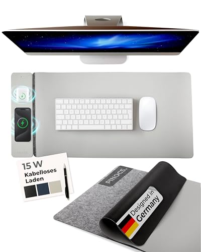 Schreibtischunterlage mit Ladefunktion für iPhone/AirPods/Android; Multifunktional; Leder/Filz; Schnellladen; Links/Rechtshänder; Minimalistische Schreibtischmatte; Desk mat; mauspad (Grau) von Pinocs