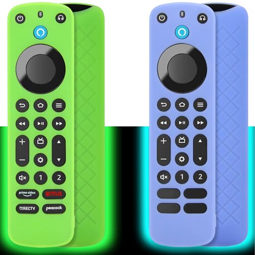 [2 Pack] Pinowu Remote Cover Case (Glow in The Dark) Compatible with Firetv Voice Remote Pro (2022 Released), Anti Slip Shockproof Silicone Sleeve with Wrist Strap (Green & Sky Blue) von Pinowu