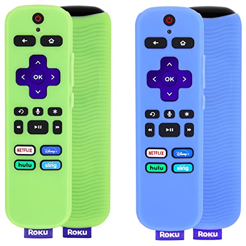 [2 Stück] Fernbedienungs-Abdeckung (leuchtet im Dunkeln), kompatibel mit Roku Voice Remote, Pinowu Anti-Rutsch-Silikonhülle, kompatibel mit Roku Playern und Roku TVS Voice Remote (grün und blau) von Pinowu