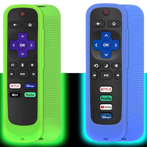 [2 Stück] Fernbedienungsabdeckung (leuchtet im Dunkeln) kompatibel mit Roku TV-Fernbedienung/Roku Express/Streaming Stick/Premiere, universelle Silikonhülle mit Umhängeband (Grün und Blau) von Pinowu