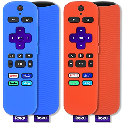 [2er-Pack] Silikon-Schutzhülle kompatibel mit Roku Voice Remote, Pinowu Anti-Rutsch-Stoßfeste Fernbedienung Cover kompatibel mit Roku Express 4K+ 2021 Fernbedienung (Rot + Blau) von Pinowu