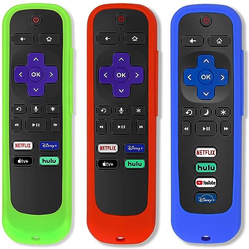 Pinowu Schutzhülle für TCL Roku Smart TV Steaming Stick Remote, Silikon-Schutzhülle, universelle Schutzhülle, leuchtet im Dunkeln, mit Handschlaufe, 3 Stück (grün leuchtend, blau und rot) von Pinowu