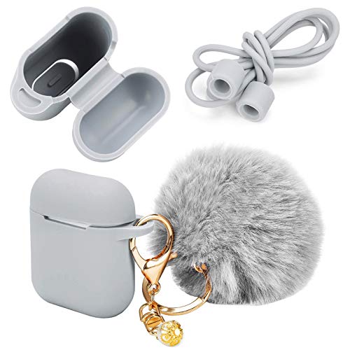Pinowu Schutzhülle mit süßem Pompon-Ball-Schlüsselanhänger kompatibel mit AirPods-Ladekoffer, voller Silikonhülle und Anti-Lost-Strap für AirPods als Geschenke (Grau) von Pinowu