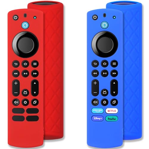 Pinowu Silikon Fernbedienung Hülle (2 Stück) Kompatibel mit Firestick 4K Max (2.)/ Toshiba/Insignia/Pioneer Serie Alexa Stimme Fernbedienung Erweitert w/Lanyard (Rot+Blau, beide Nicht Leuchtend) von Pinowu