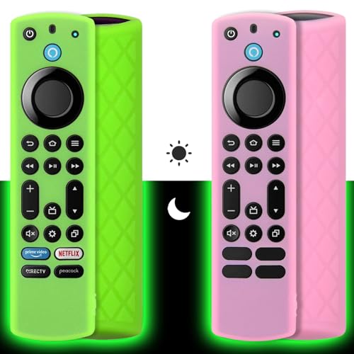 Pinowu Silikon Fernbedienungshülle (2pcs) Kompatibel mit. Firestick 4K Max (2.)/ Toshiba/Insignia Alexa Stimme Fernbedienung Erweitert mit Schlüsselband (Grün + Pink leuchten beide) von Pinowu