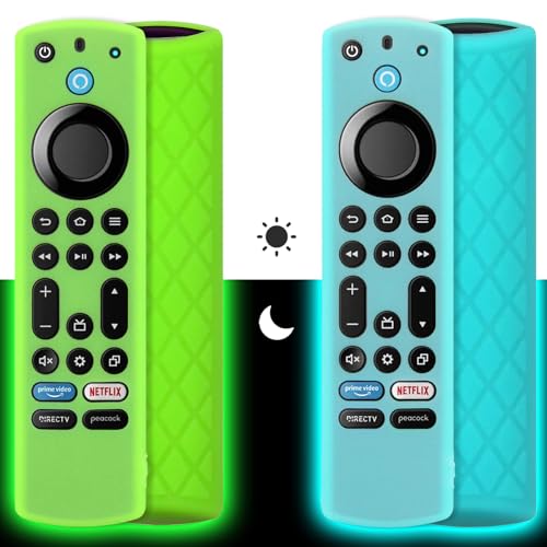 Pinowu Silikon Gehäuse (2pcs) Kompatibel mit Fire TV Stick 4K Max/Toshiba/Insignia Serie Alexa Stimme Fernbedienung Erweitert mit Schlüsselband (Grün,Türkis,Leuchtend) von Pinowu