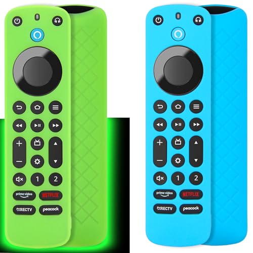 Pinowu Silikon-Schutzhülle (2 Stück), kompatibel mit Alexa Voice Remote Pro, rutschfeste Silikon-Schutzhülle mit Umhängeband für Fire TV Cube Remote Pro (Grünes Glühen & Türkis Nicht Leuchtend) von Pinowu
