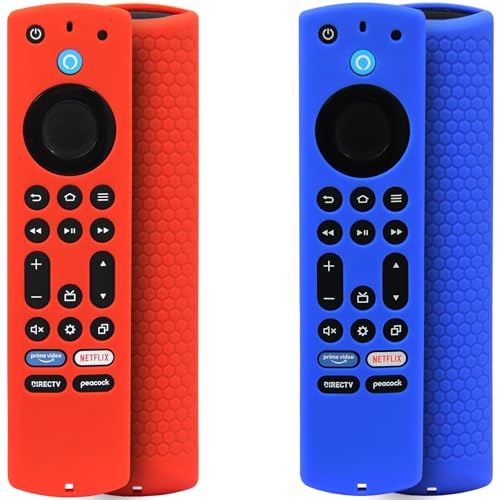 Pinowu Silikon-Schutzhülle für Fernbedienung, 2 Stück, für Fire TV Stick 4K Max (2. Generation), Insignia/Pioneer/Omni (QLED) Series Fire TV Alexa Sprachfernbedienung mit Umhängeband, Rot, Blau von Pinowu