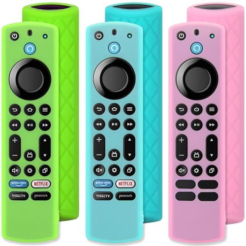 Pinowu Silikon-Schutzhülle für Fernbedienung (leuchtet im Dunkeln) für Fire TV Stick 4K Max/Insignia/Pioneer/Omni (QLED) Serie Alexa Voice Remote Enhanced w/Lanyard (Grün + Türkis + Pink) von Pinowu