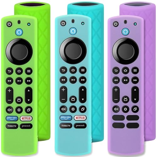 Pinowu Silikon-Schutzhülle für Fernbedienung (leuchtet im Dunkeln) für Fire TV Stick 4K Max/Insignia/Pioneer/Omni (QLED) Serie Alexa Voice Remote Enhanced mit Umhängeband (Grün + Türkis + Lila) von Pinowu