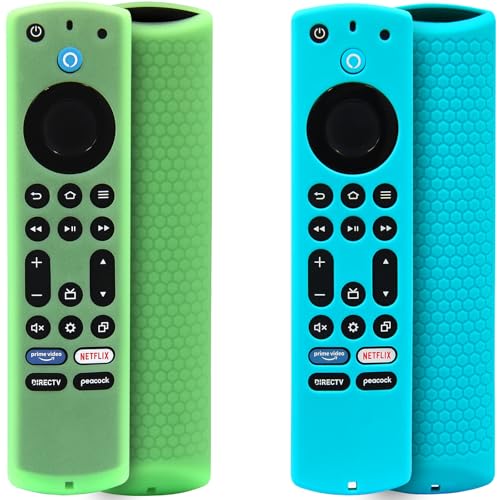 Pinowu Silikon-Schutzhülle für Fernbedienung für Fire TV Stick 4K Max (2. Generation), Insignia, Pioneer, Omni (QLED), Alexa-Sprachfernbedienung, verbessert, mit Umhängeband, Grün, Türkis, leuchtend von Pinowu